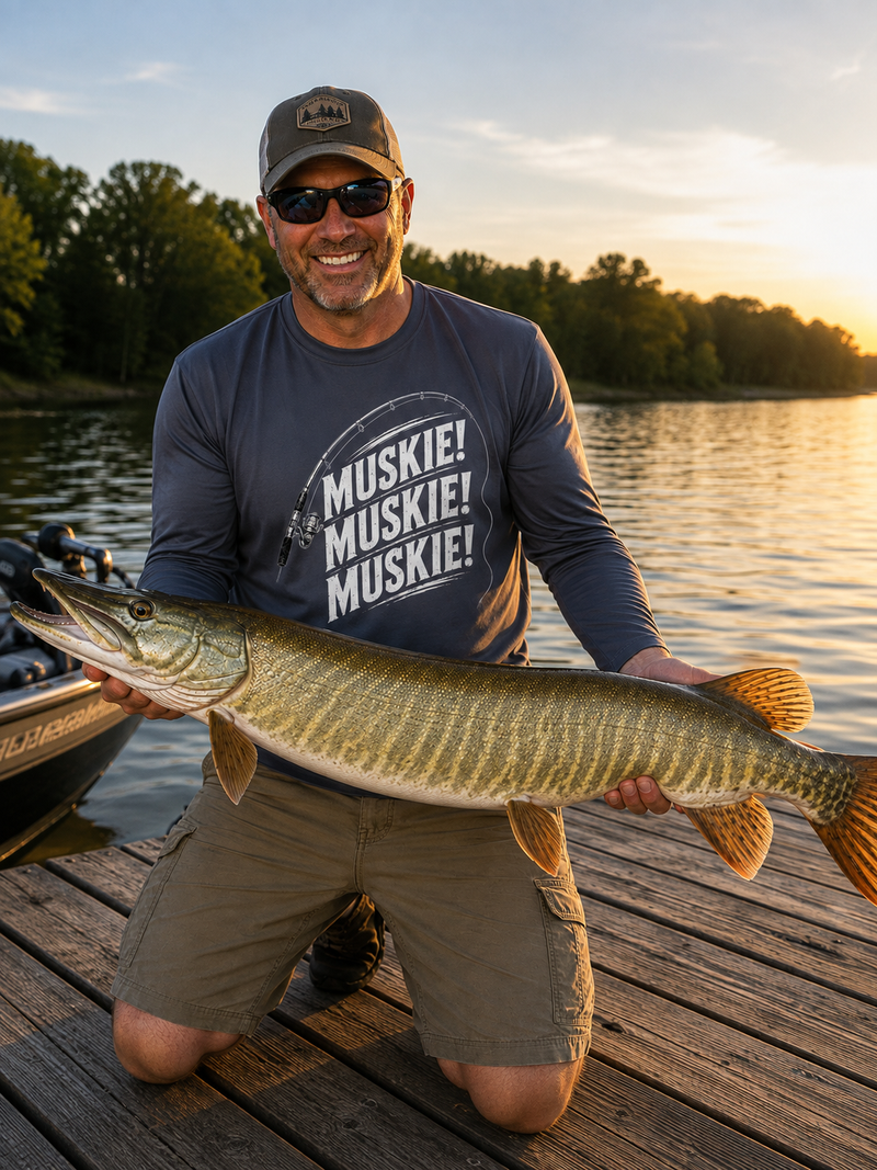 A man kneeling on a wooden dock by a lake at sunset, holding a large northern pike. He is wearing a navy blue long-sleeve t-shirt with 'MUSKIE! MUSKIE! MUSKIE!' printed in white on the front, khaki shorts, and a baseball cap.