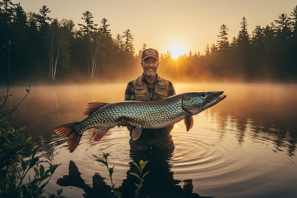 Muskie Tees Man holding a Muskie in the sunset.