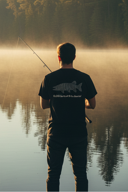 A man stands on a calm lake at sunrise or sunset, viewed from behind, wearing a black t-shirt with a white fish graphic and the text '10,000 Lakes want to be Known!' on the back. He is holding a fishing rod.