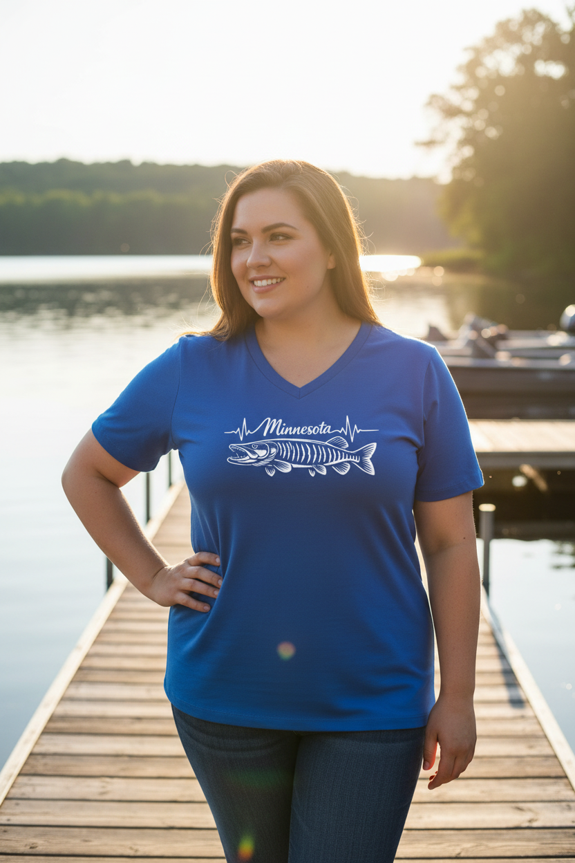Women's Minnesota Heartbeat V-Neck T-Shirt | Fishing Tee Sizes S-2XL