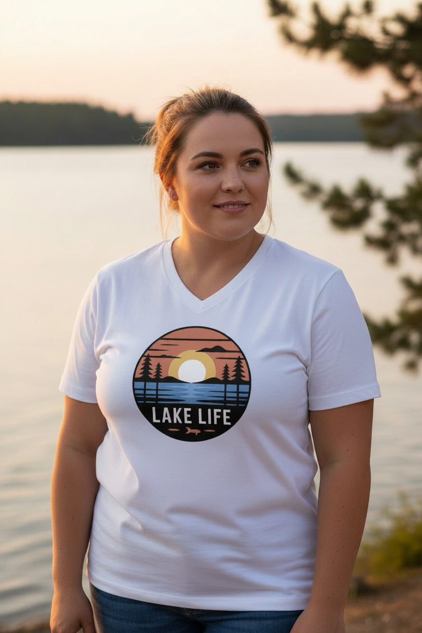 A woman wearing a white v-neck t-shirt with a retro circular 'Lake Life' sunset graphic, standing outdoors by a lake at sunset.