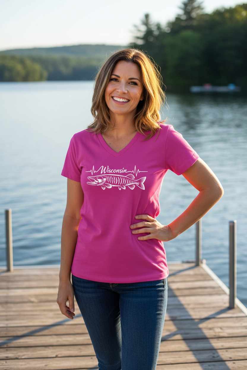 Women's Heartbeat Wisconsin V-Neck Tee Sizes S-2XL