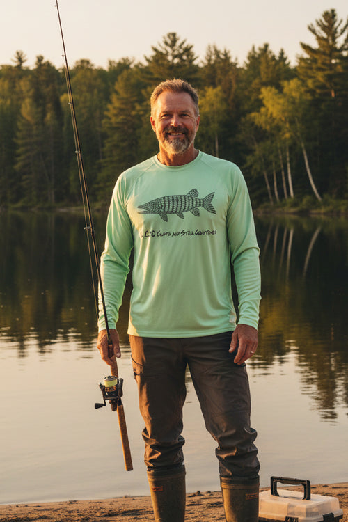A smiling man stands on a lakeshore at sunset wearing a light mint green long-sleeve fishing shirt with a fish graphic and the text 'C. Stevens 100% Guaranteed'.