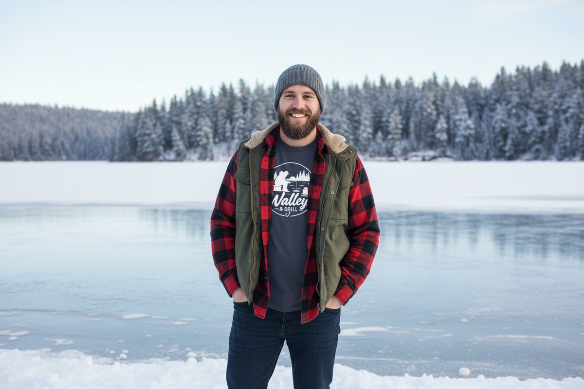 Man ice fishing with a Walleye & Chill ice fishing tee Navy, knit hat, and coat.